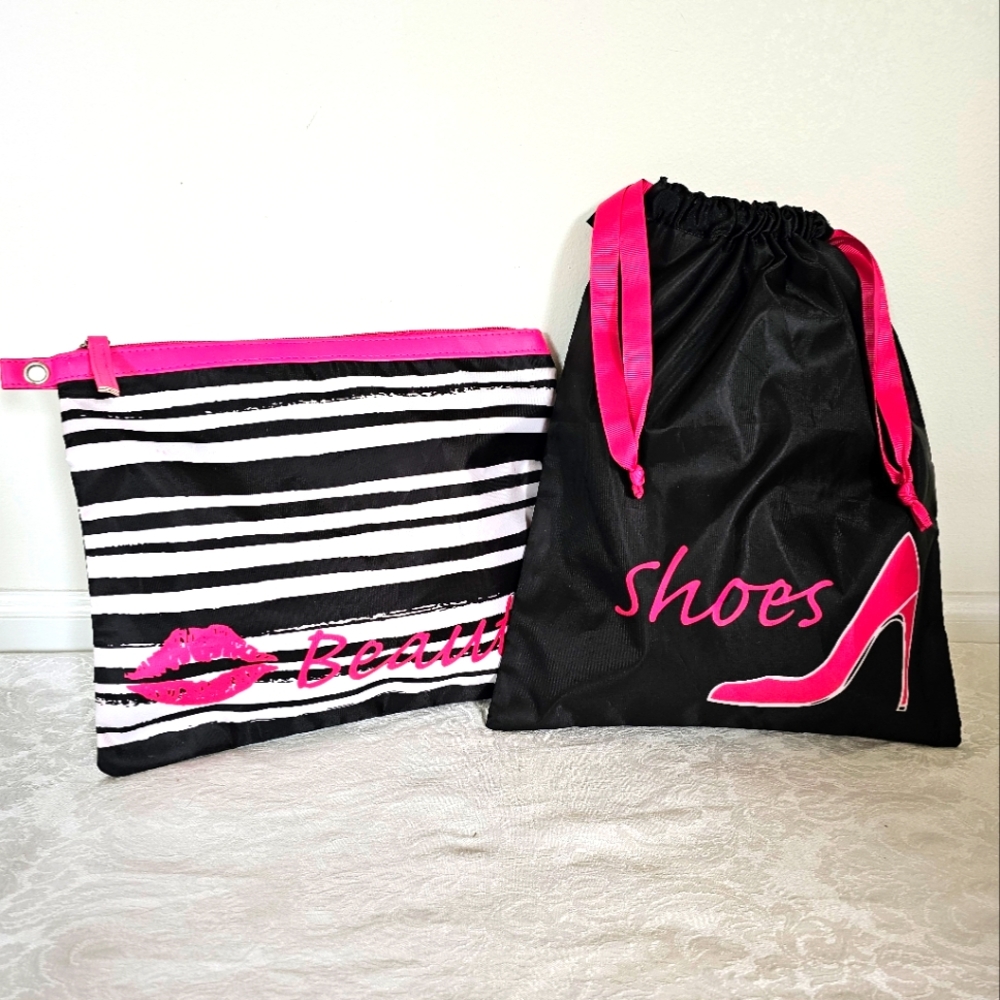 Macy's Hot Pink and Black Beauty Bag and Shoes Bag - EUC!